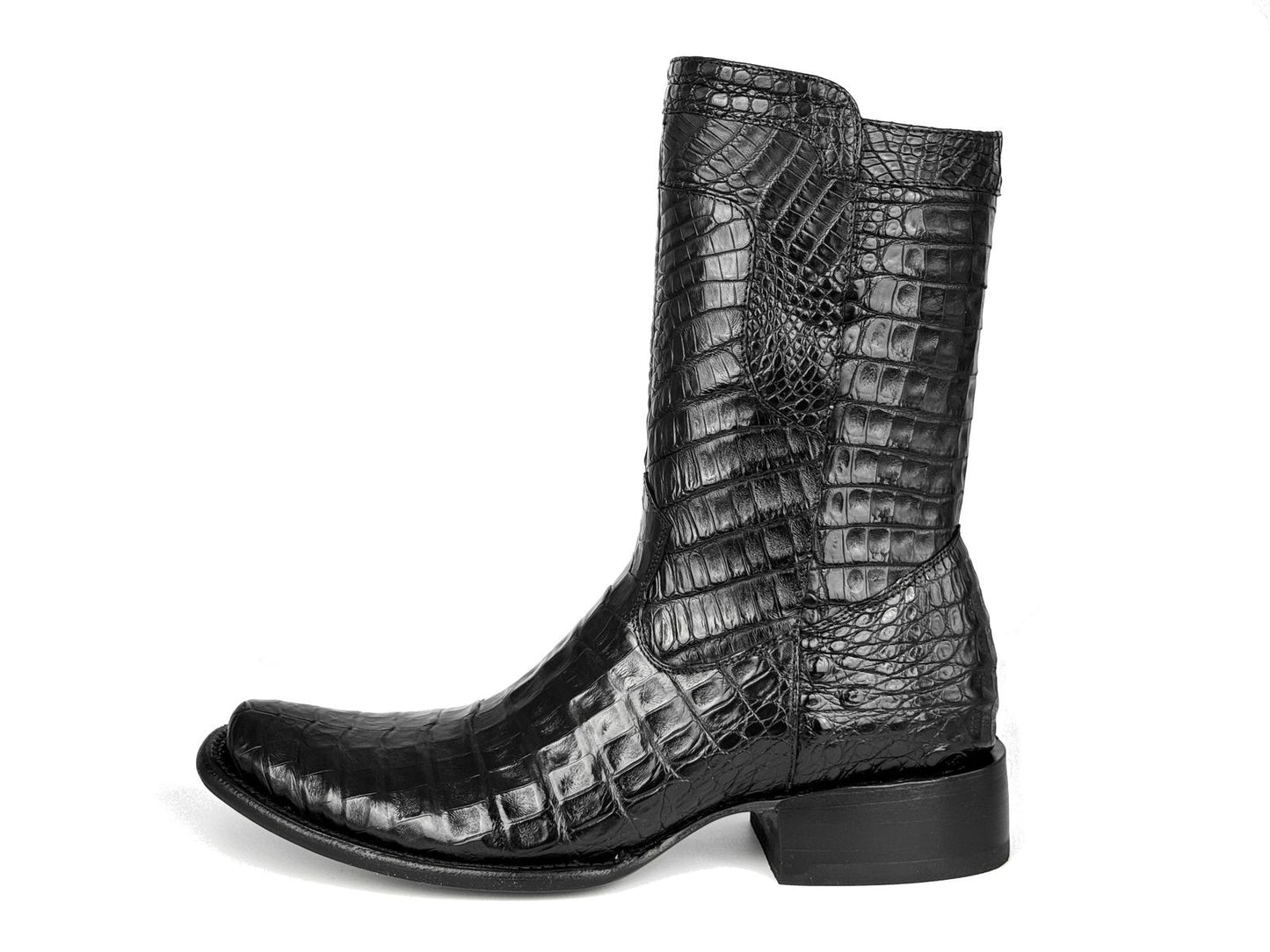 Black Peplum Textured Long Cowboy Boots