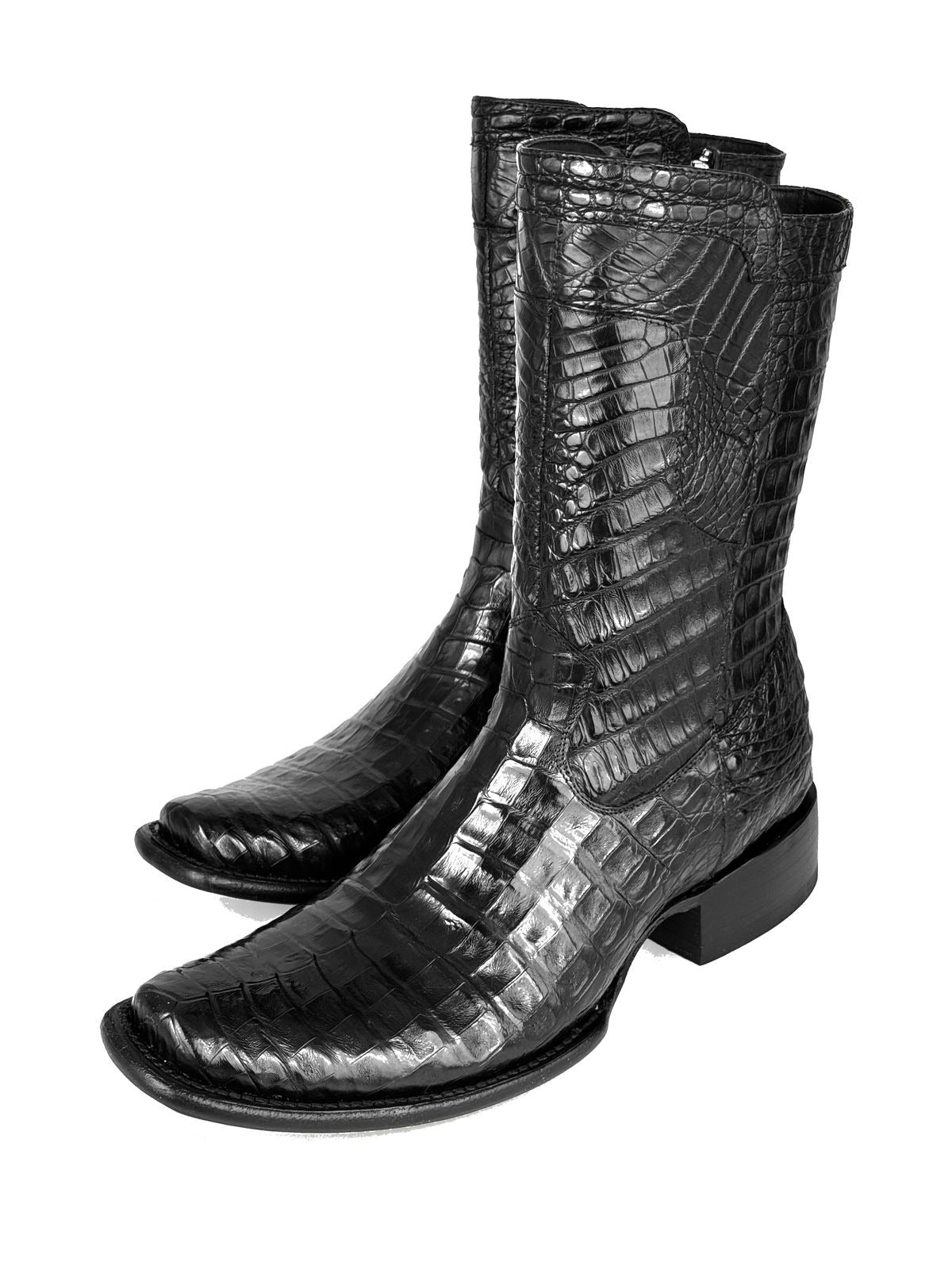 Black Peplum Textured Long Cowboy Boots